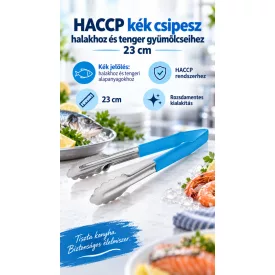 HACCP kék csipesz 23 cm – rozsdamentes, kagylófejű, matt csúszásgátló bevonattal, halakhoz és tenger gyümölcseihez, Német minőség