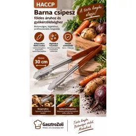 HACCP barna csipesz 30 cm – rozsdamentes, kagylóformájú fej, matt csúszásgátló markolat; földes áruhoz és gyökérzöldséghez, Német minőség