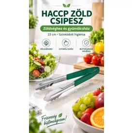 HACCP zöld csipesz 23 cm – rozsdamentes, kagylófejű, matt csúszásgátló markolattal, zöldséghez és gyümölcshöz, Német minőség
