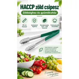 HACCP zöld csipesz 30 cm – rozsdamentes, kagylóformájú fej, matt csúszásgátló markolat; zöldséghez és gyümölcshöz, Német minőség