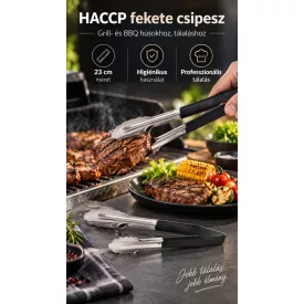 HACCP fekete csipesz 23 cm – rozsdamentes kagylóforma fejjel, matt csúszásgátló markolattal; Grill/BBQ, sushi, bankett és látványkonyha tálaláshoz