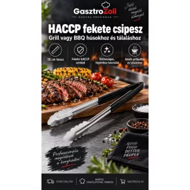 HACCP fekete csipesz 30 cm – rozsdamentes, kagylófejű, matt csúszásgátló markolattal; Grill/BBQ, sushi, bankett, látványkonyha és tálalás