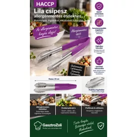  HACCP lila csipesz 23 cm – rozsdamentes, kagylófejű, matt csúszásgátló markolattal, allergénmentes ételekhez, Német minőség