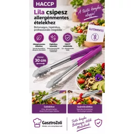HACCP lila csipesz 30 cm – rozsdamentes, kagylófejű, matt csúszásgátló markolattal; allergénmentes ételekhez, Német minőség