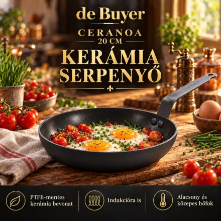 de Buyer CERANOA kerámia serpenyő 20 cm – PTFE-mentes – edukáló kép, PTFE-mentes kerámia bevonat és kíméletes használat