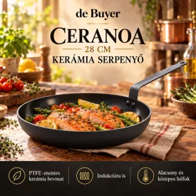 de Buyer CERANOA kerámia serpenyő 28 cm – PTFE-mentes – edukáló kép, PTFE-mentes kerámia bevonat és kíméletes használat