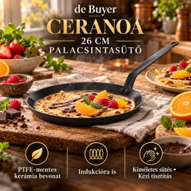 de Buyer CERANOA kerámia palacsintasütő 26 cm – PTFE-mentes – edukáló kép a használatról és a bevonat ápolásáról