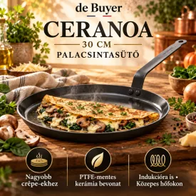de Buyer CERANOA kerámia palacsintasütő 30 cm – PTFE-mentes – edukáló kép a használatról és a bevonat ápolásáról