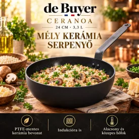 de Buyer CERANOA kerámia bevonatos mély serpenyő 24 cm – edukáló kép, PTFE-mentes kerámia bevonat és kíméletes használat
