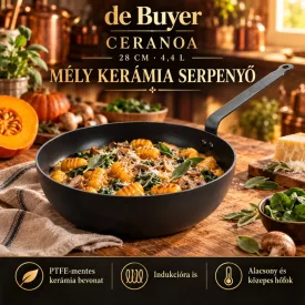 de Buyer CERANOA kerámia bevonatos mély serpenyő 28 cm – edukáló kép, PTFE-mentes kerámia bevonat és kíméletes használat