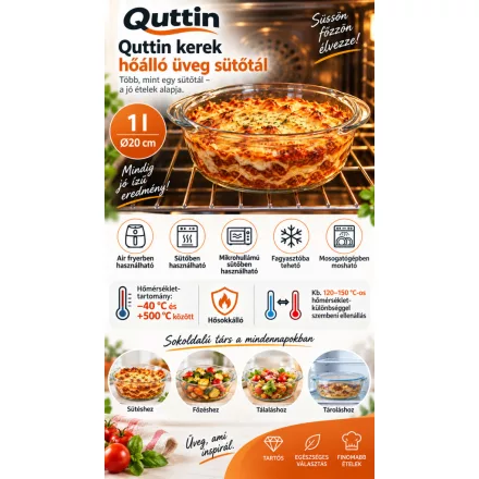 Quttin 1 literes kerek üveg sütőtál ételek sütéséhez, melegítéséhez és tálalásához