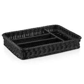 Fekete polipropilén evőeszköztartó kosár merevítővel, osztott kivitel – 40×30×6,5 cm	