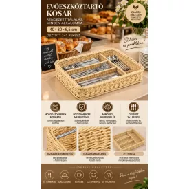 Világos bézs 3+1 rekeszes evőeszköztartó kosár kések, villák, kanalak és szalvéták rendezett tárolásához