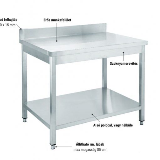Rozsdamentes munkaasztal alsó polccal, hátsó felhajtással (100 mm), 1000x600x850 mm